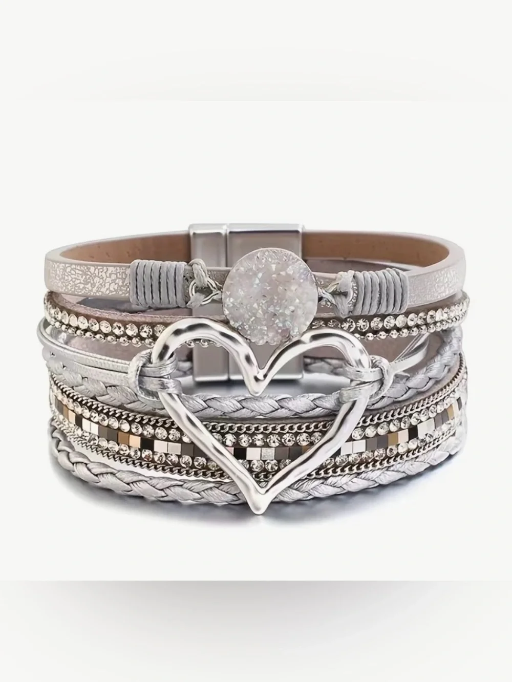 🩶 Unique Silver Multi-Strand Heart Bracelet with Boho Chic Accents 🩶